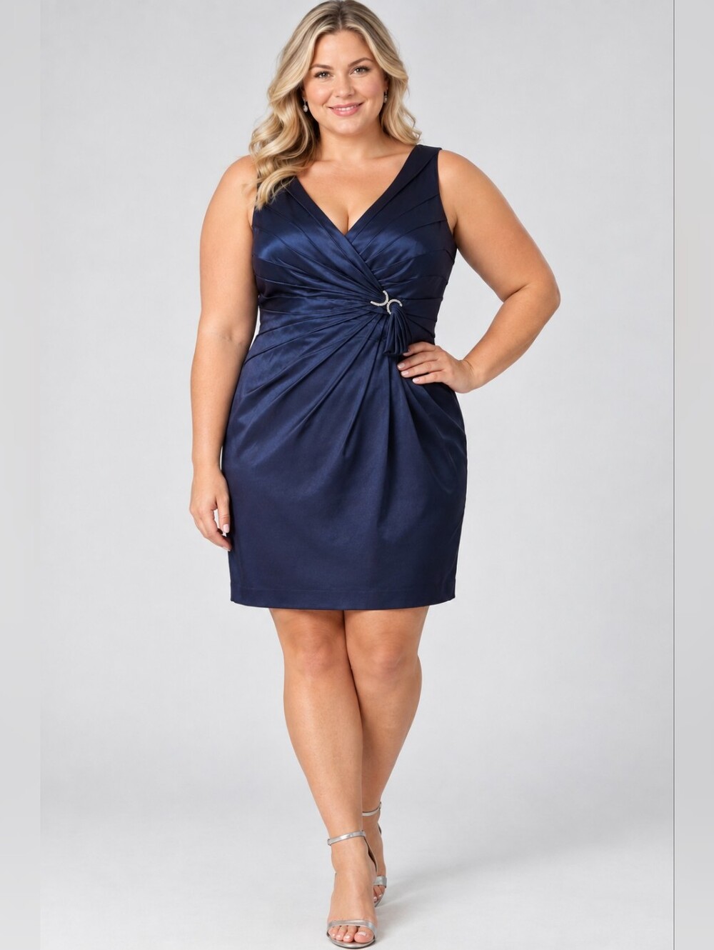 Jones New York Purple Satin V-Neck Midi Dress with Rhinestone Accent